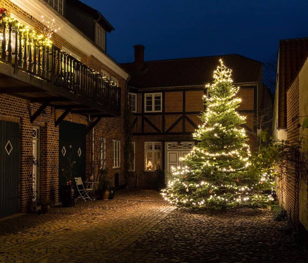 Stort juletræ med lyskæde i brostensgård med bindingsværk